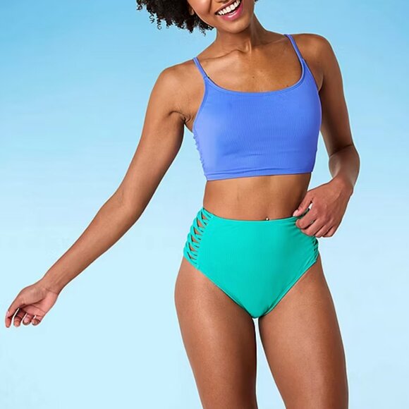 Decree Womens Textured Juniors High Waist Bikini Swimsuit Bottom - Jade Sz L - Picture 1 of 3